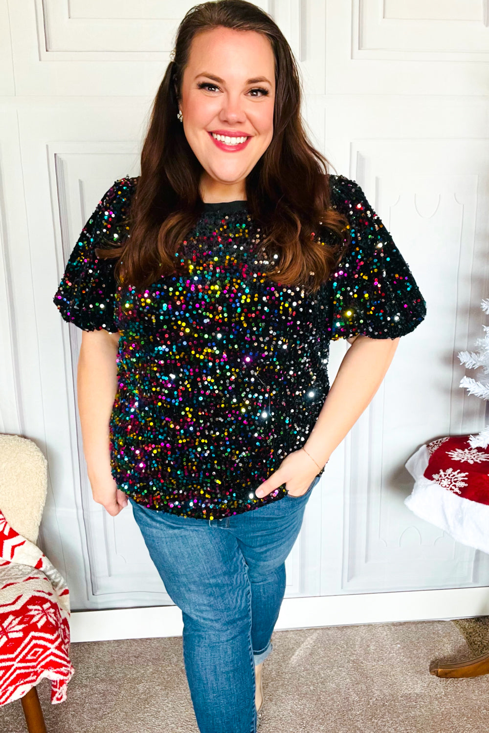 Black Velvet Multicolor Sequin Puff Sleeve Top