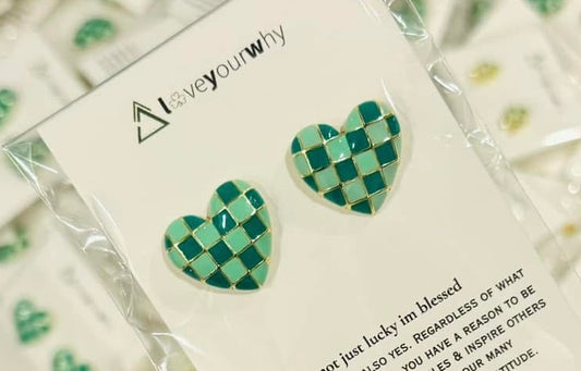 Green Plaid Checkered Heart Earrings