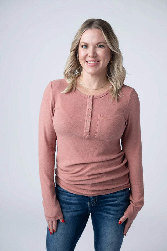 Georgia Long Sleeve Henley Top - Rose