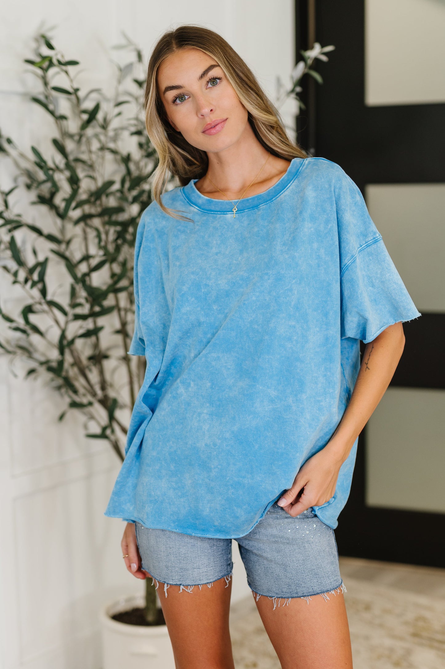 Zenana Mineral Wash Relaxed Top in Deep Sky