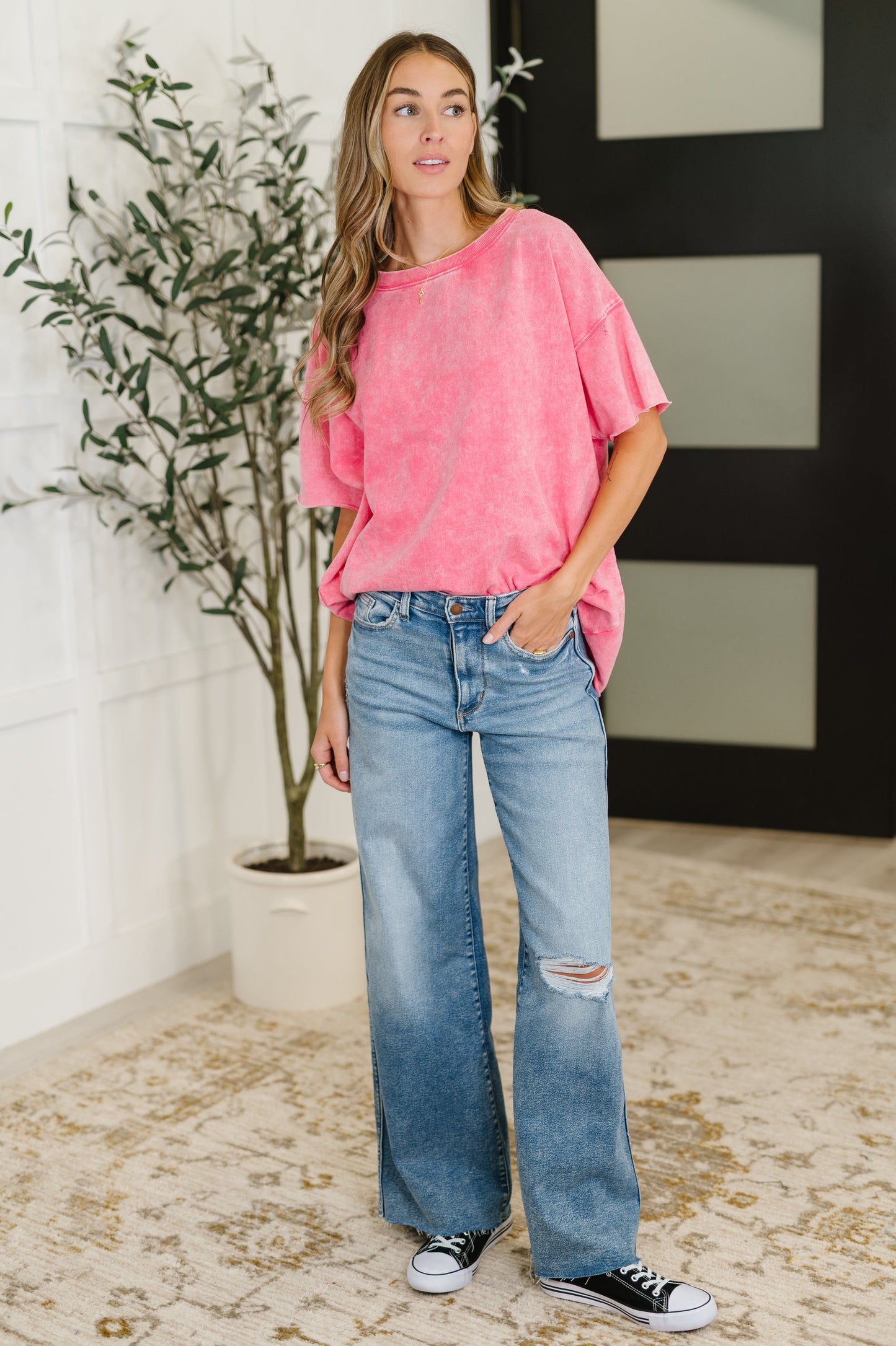 Zenana Mineral Wash Relaxed Top in Fuchsia