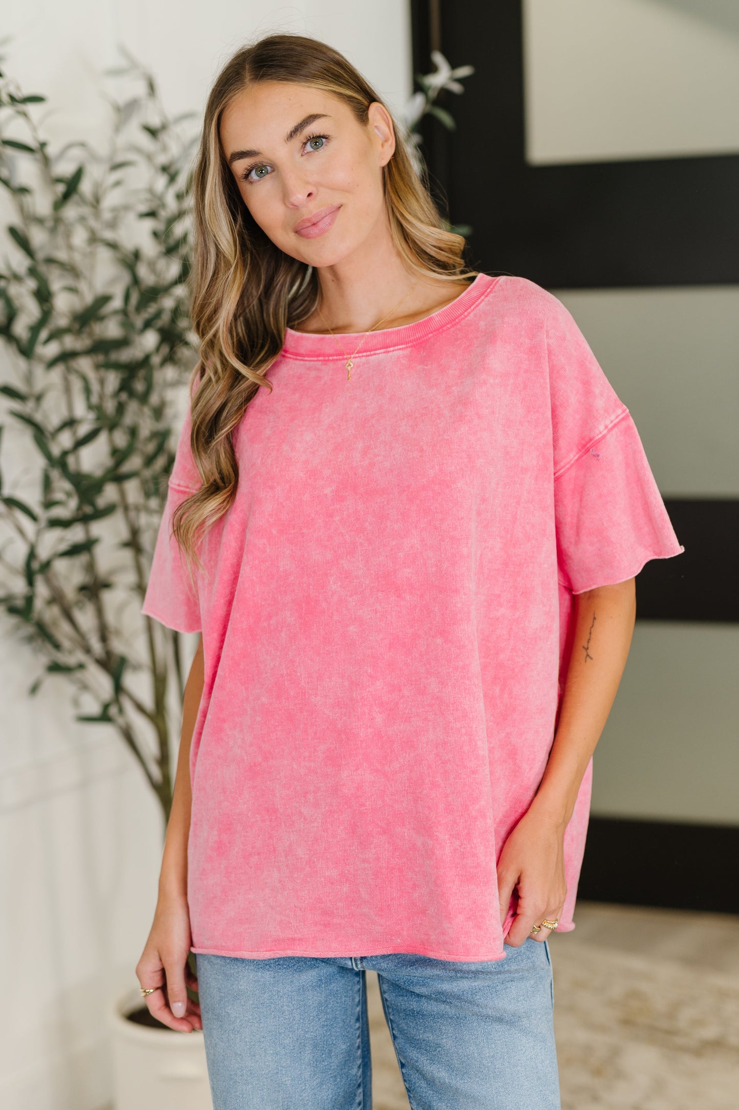 Zenana Mineral Wash Relaxed Top in Fuchsia