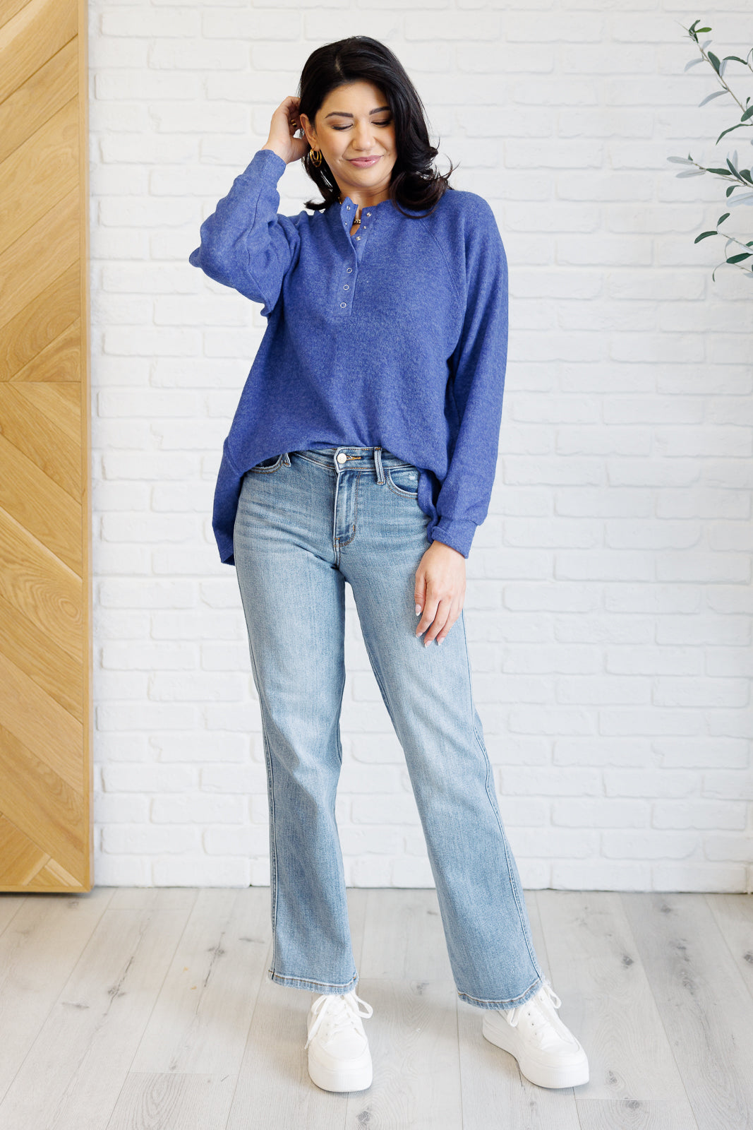 Zenana Keeping it Real Brushed Melange Hacci Long Sleeve Tee in Bright Blue