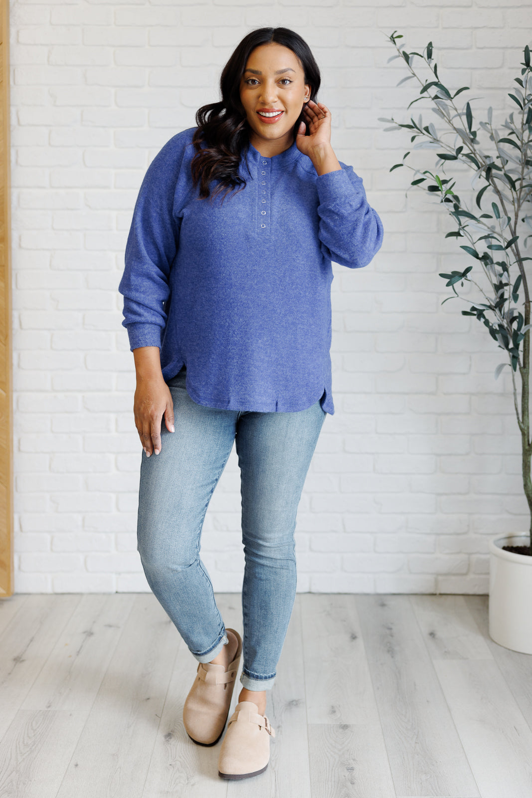 Zenana Keeping it Real Brushed Melange Hacci Long Sleeve Tee in Bright Blue