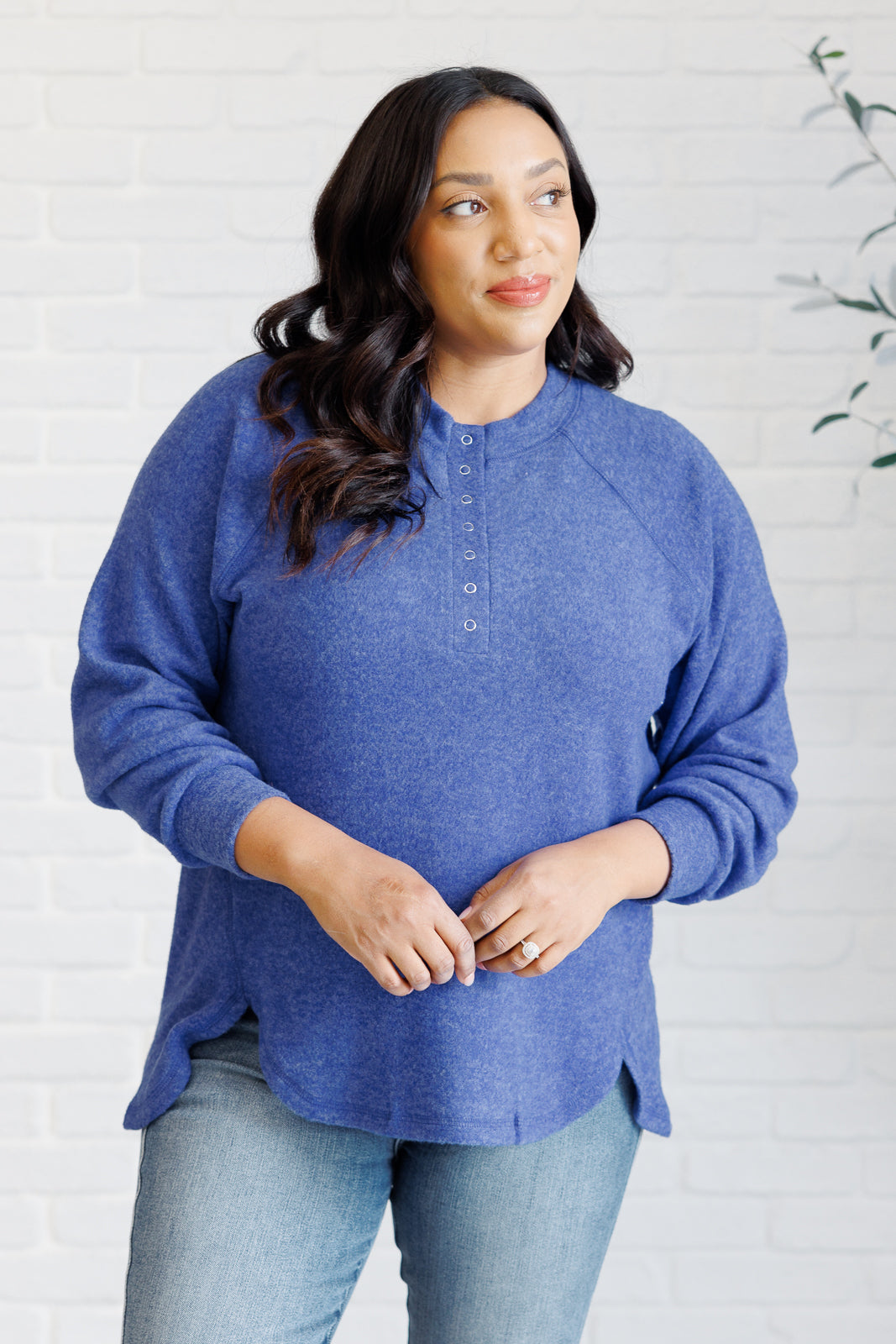 Zenana Keeping it Real Brushed Melange Hacci Long Sleeve Tee in Bright Blue