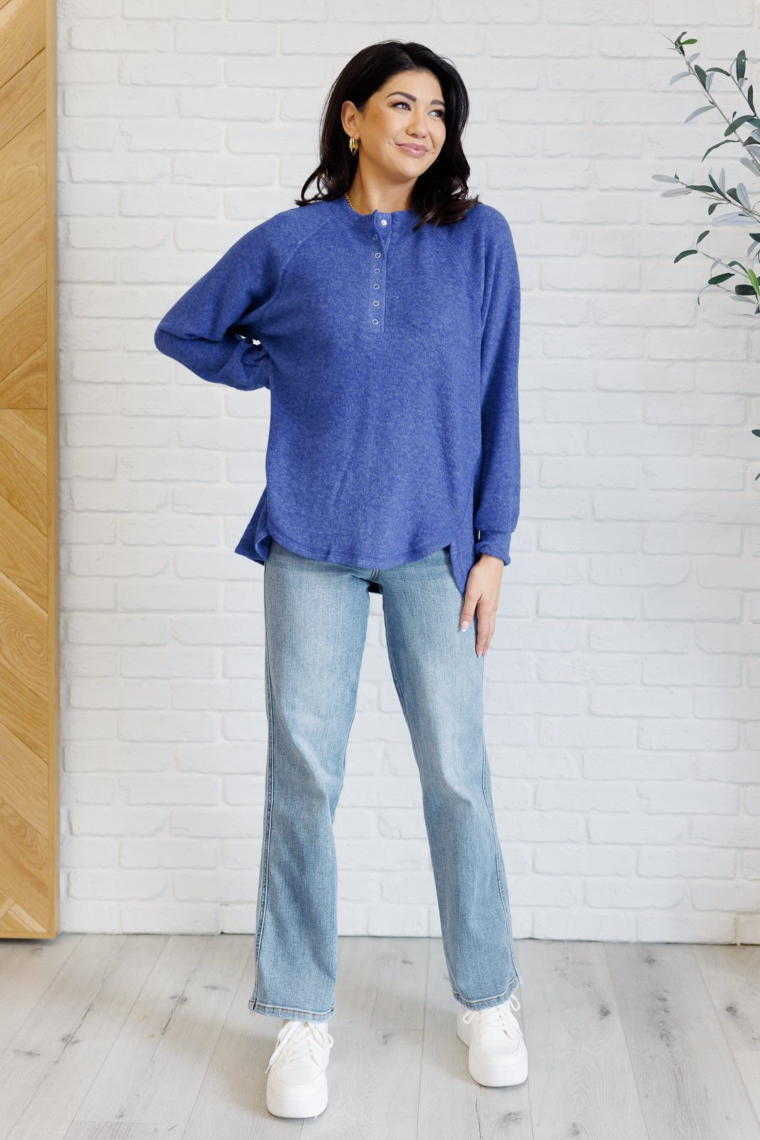 Zenana Keeping it Real Brushed Melange Hacci Long Sleeve Tee in Bright Blue