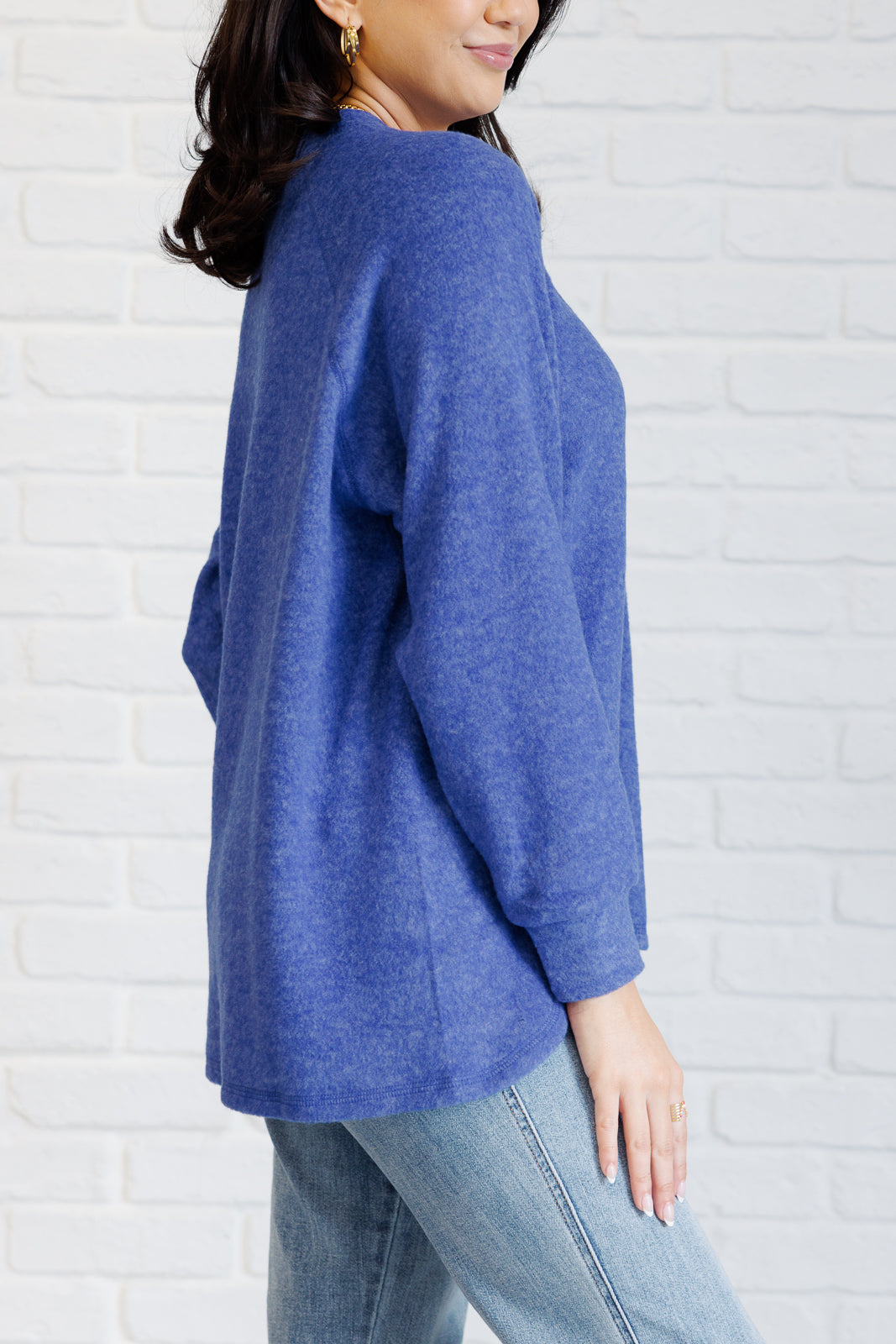 Zenana Keeping it Real Brushed Melange Hacci Long Sleeve Tee in Bright Blue