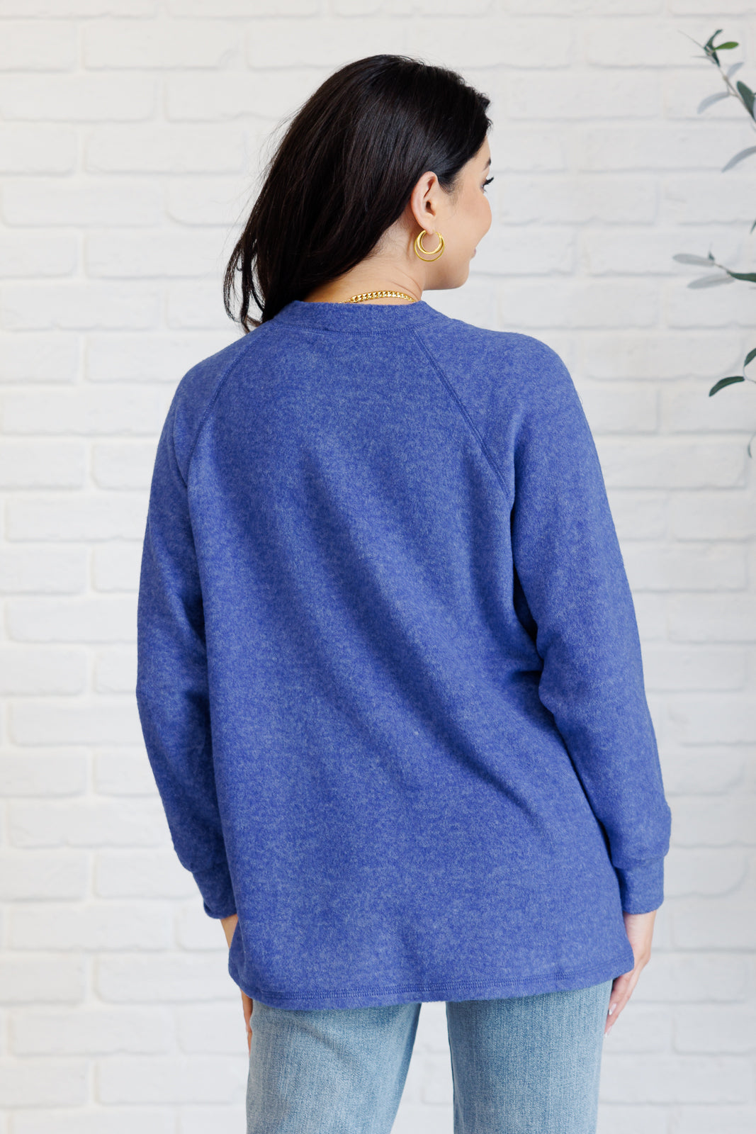 Zenana Keeping it Real Brushed Melange Hacci Long Sleeve Tee in Bright Blue