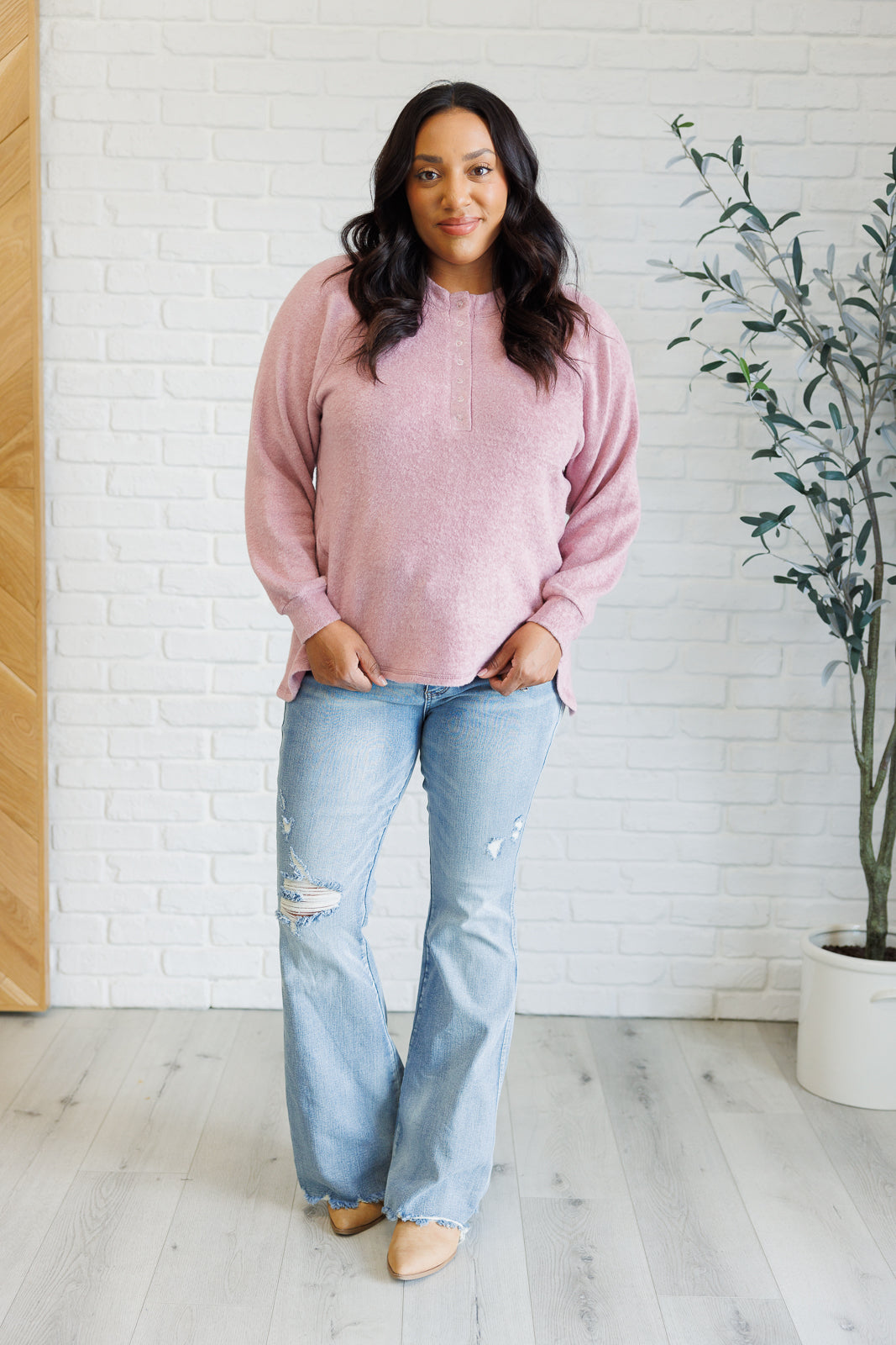 Zenana Keeping it Real Brushed Melange Hacci Long Sleeve Tee in Light Rose