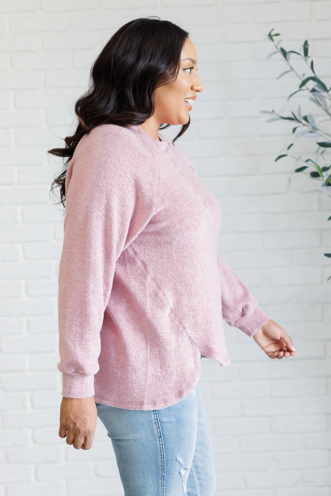 Zenana Keeping it Real Brushed Melange Hacci Long Sleeve Tee in Light Rose