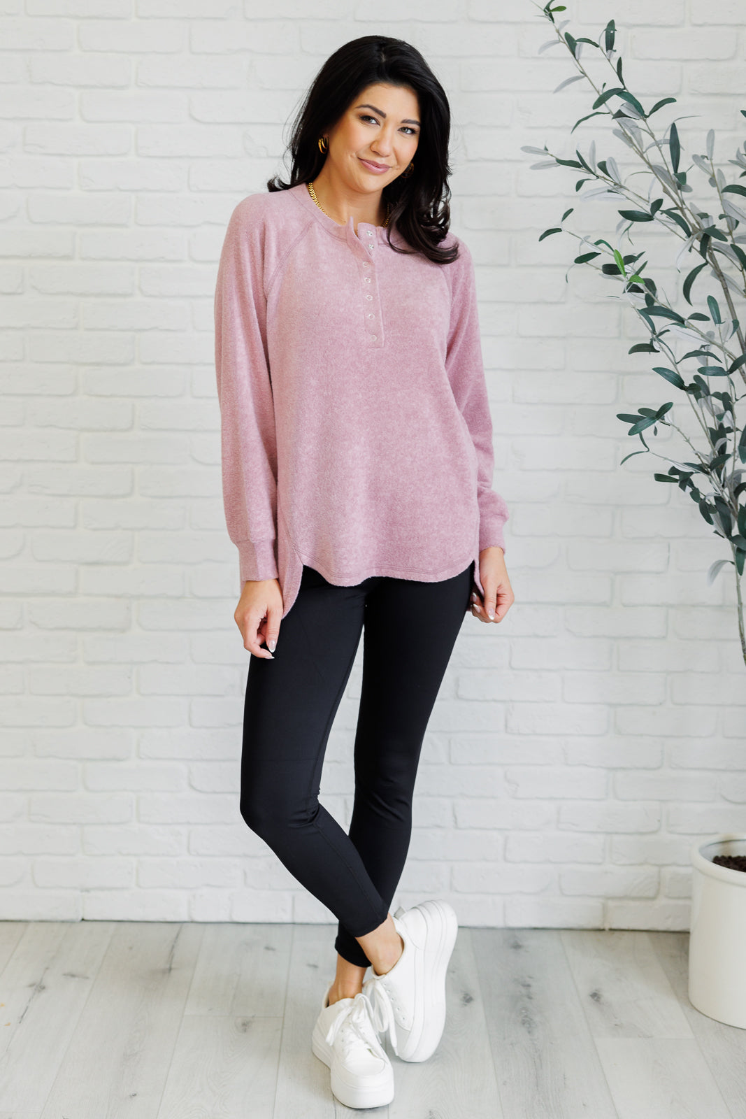 Zenana Keeping it Real Brushed Melange Hacci Long Sleeve Tee in Light Rose