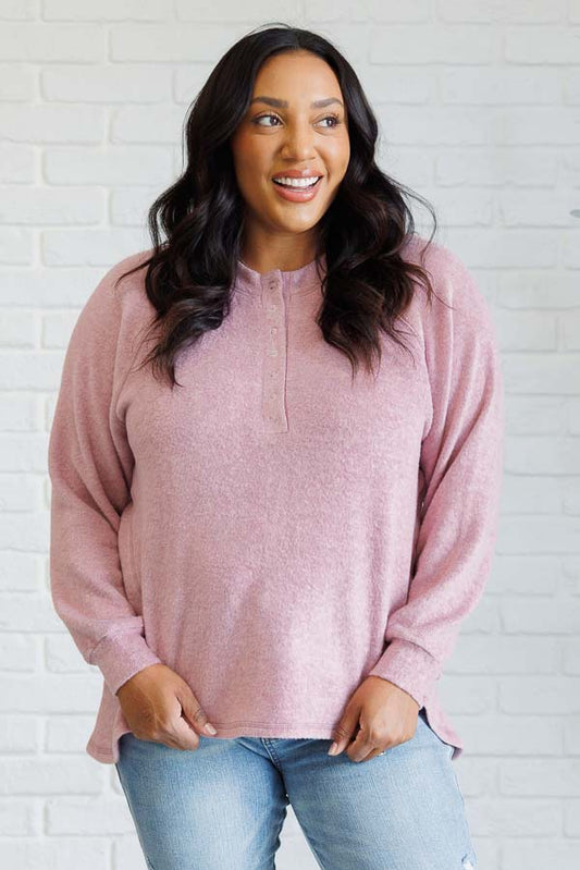 Zenana Keeping it Real Brushed Melange Hacci Long Sleeve Tee in Light Rose