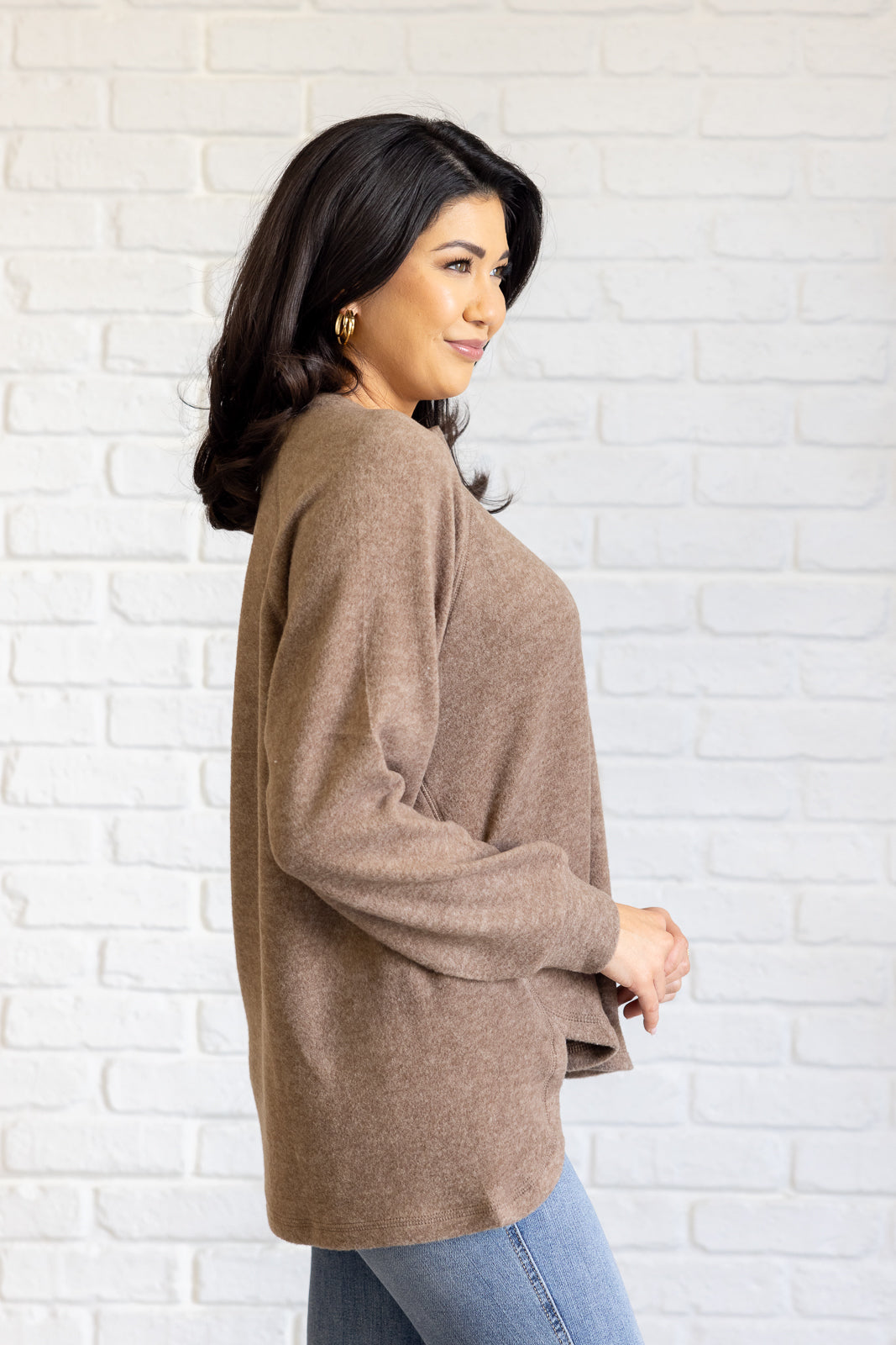 Zenana Keeping it Real Brushed Melange Hacci Long Sleeve Tee in Mocha