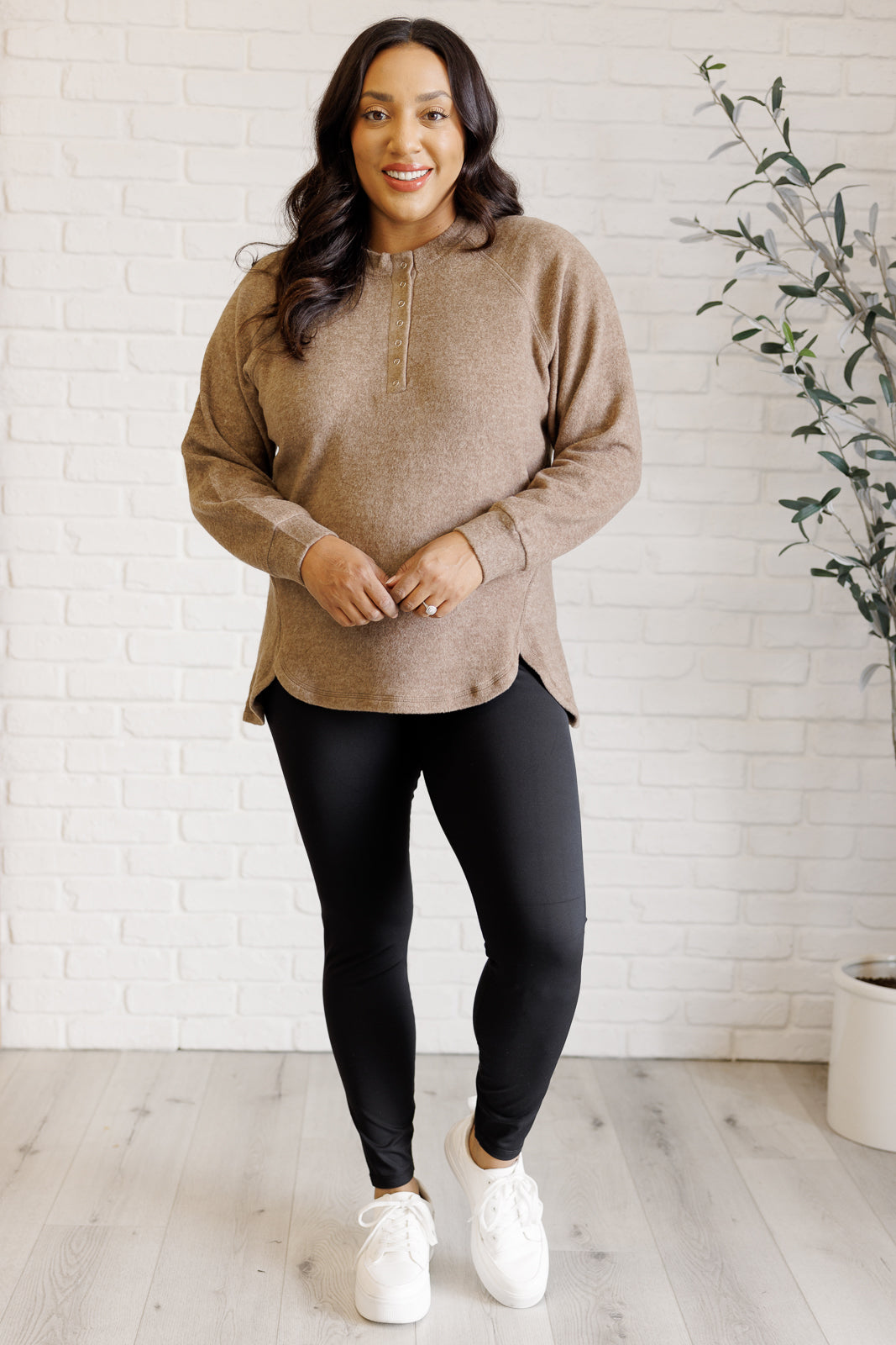 Zenana Keeping it Real Brushed Melange Hacci Long Sleeve Tee in Mocha