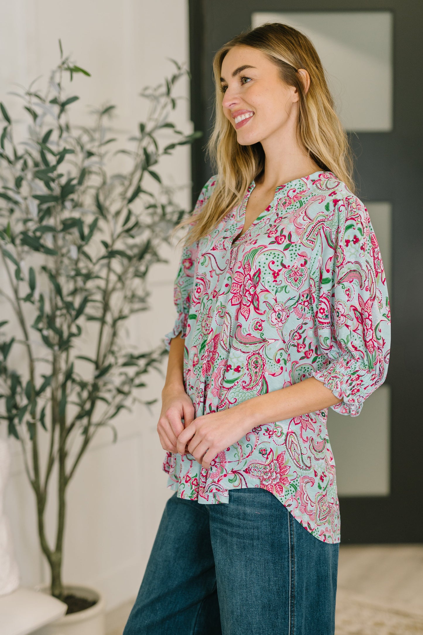 Lizzy Smock Top in Mint and Pink Floral Paisley