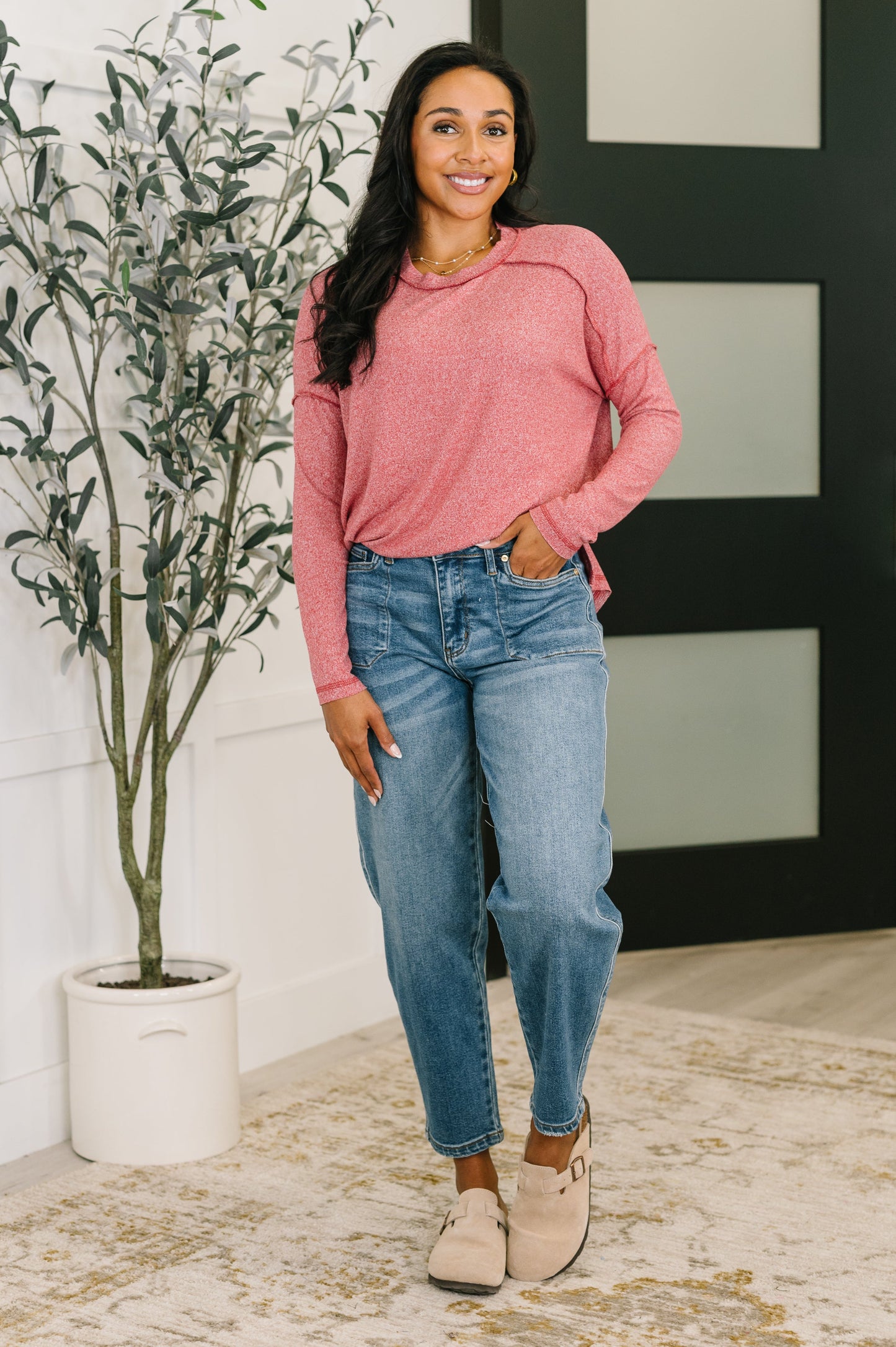 Zenana Heathered Pullover in Dark Red