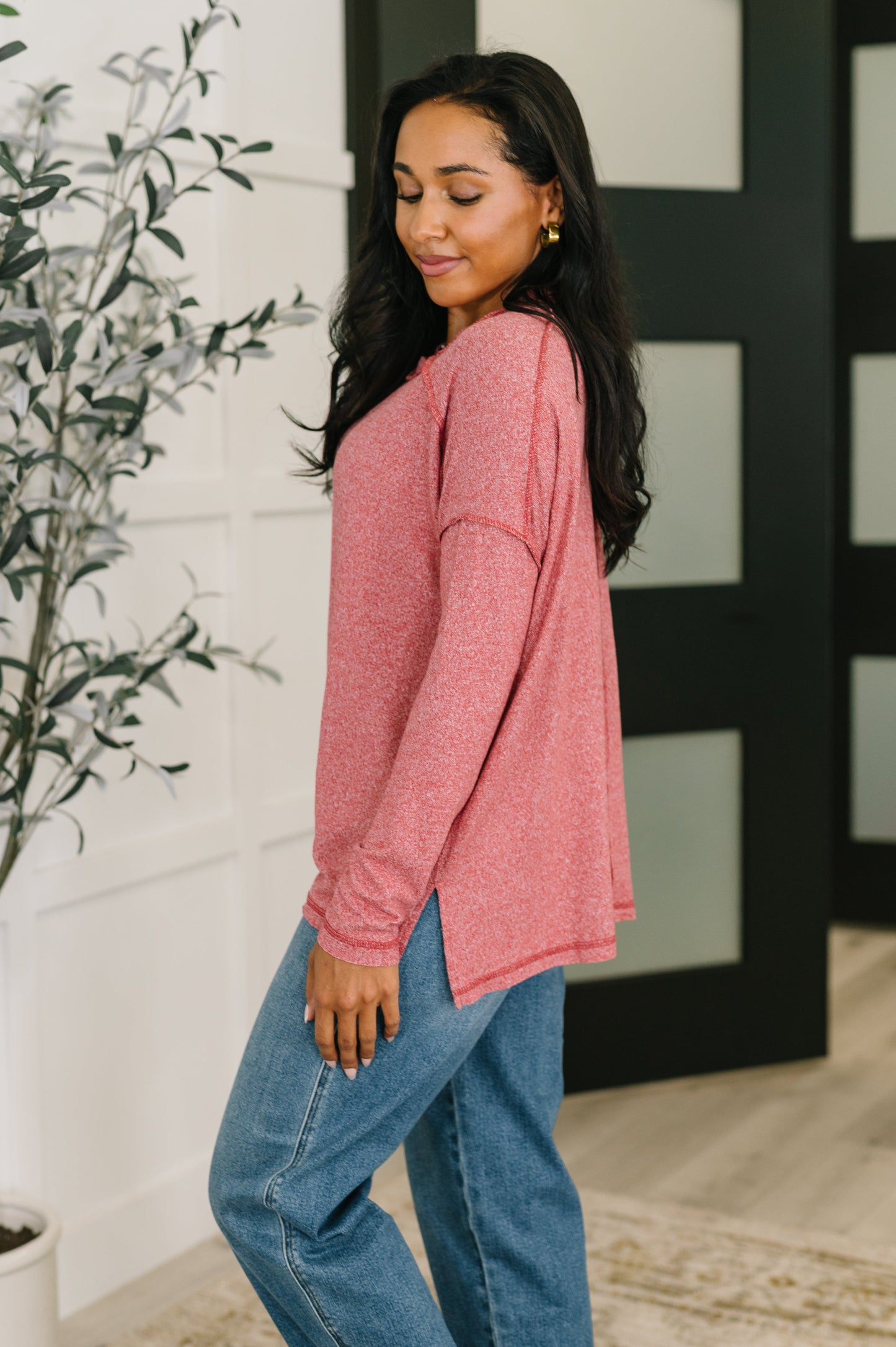 Zenana Heathered Pullover in Dark Red