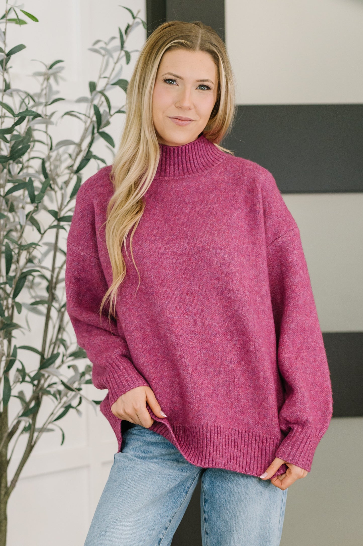 Zenana High Neck Pullover in Light Plum