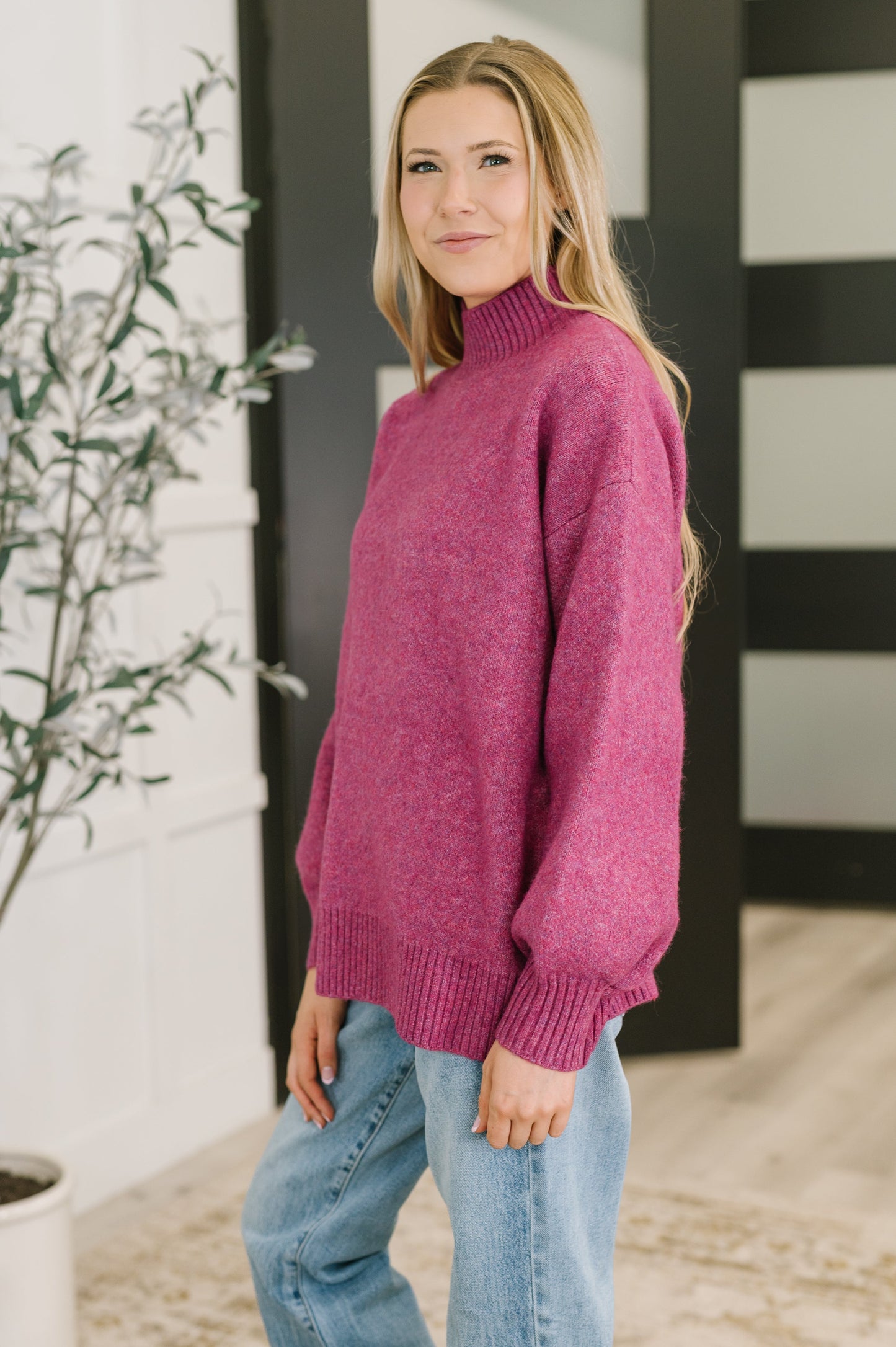 Zenana High Neck Pullover in Light Plum
