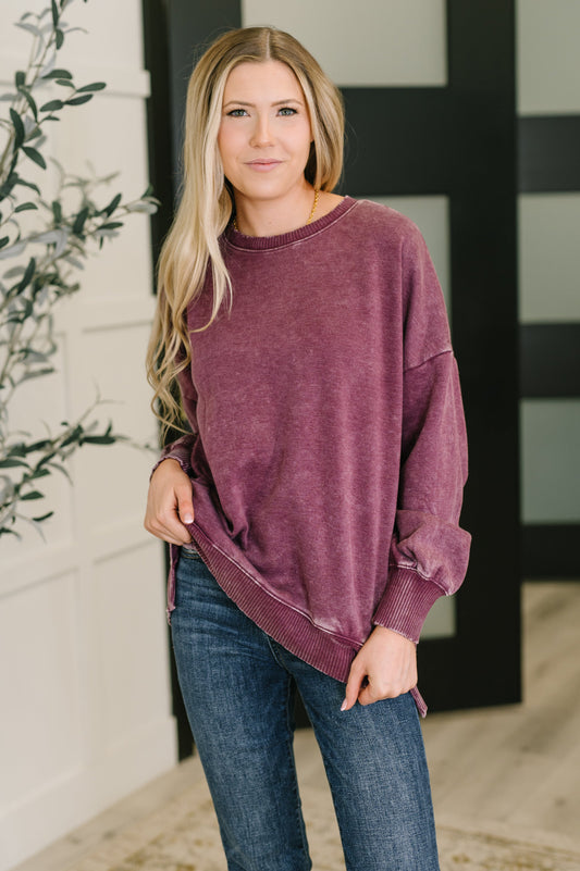 Zenana Mineral Wash Pullover in Eggplant