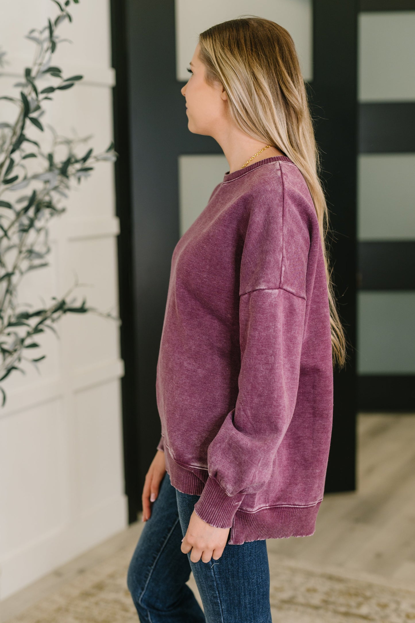 Zenana Mineral Wash Pullover in Eggplant