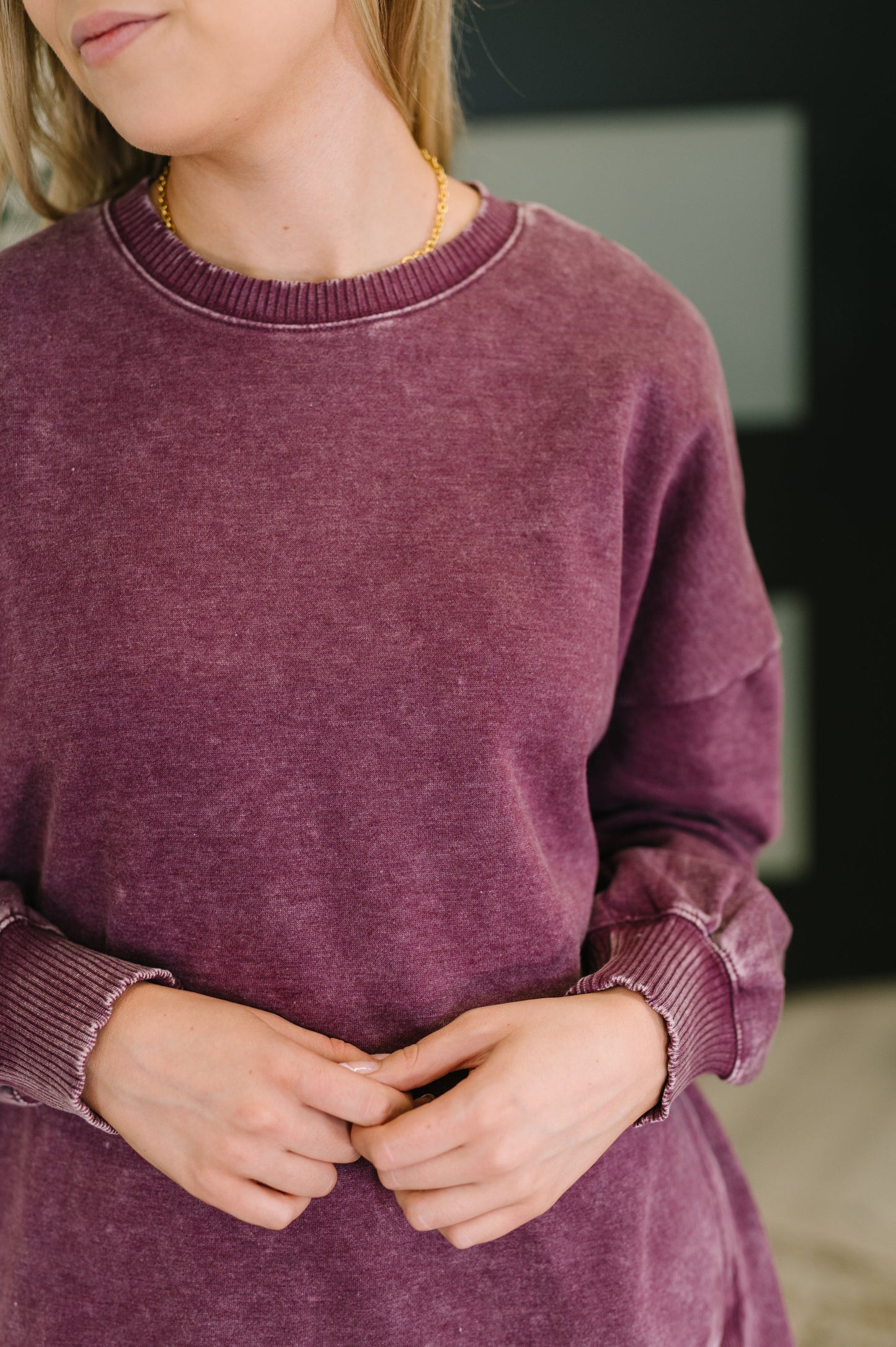Zenana Mineral Wash Pullover in Eggplant