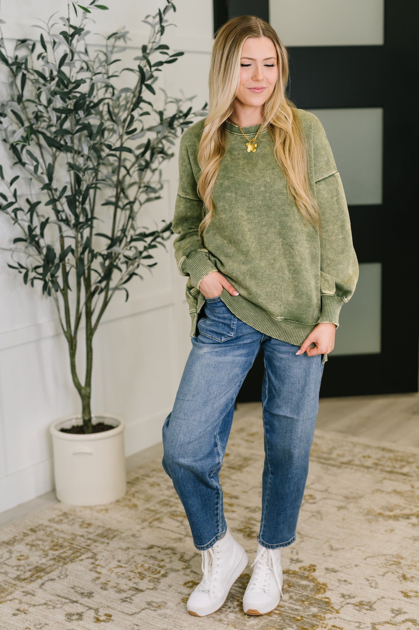 Zenana Mineral Wash Pullover in Light Olive