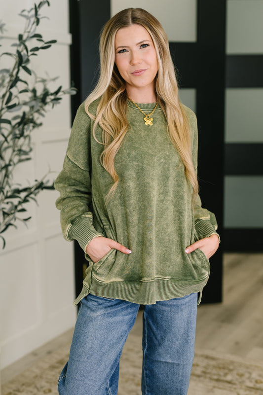 Zenana Mineral Wash Pullover in Light Olive