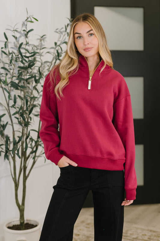 Zenana Half Zip High Neck Pullover in Cabernet