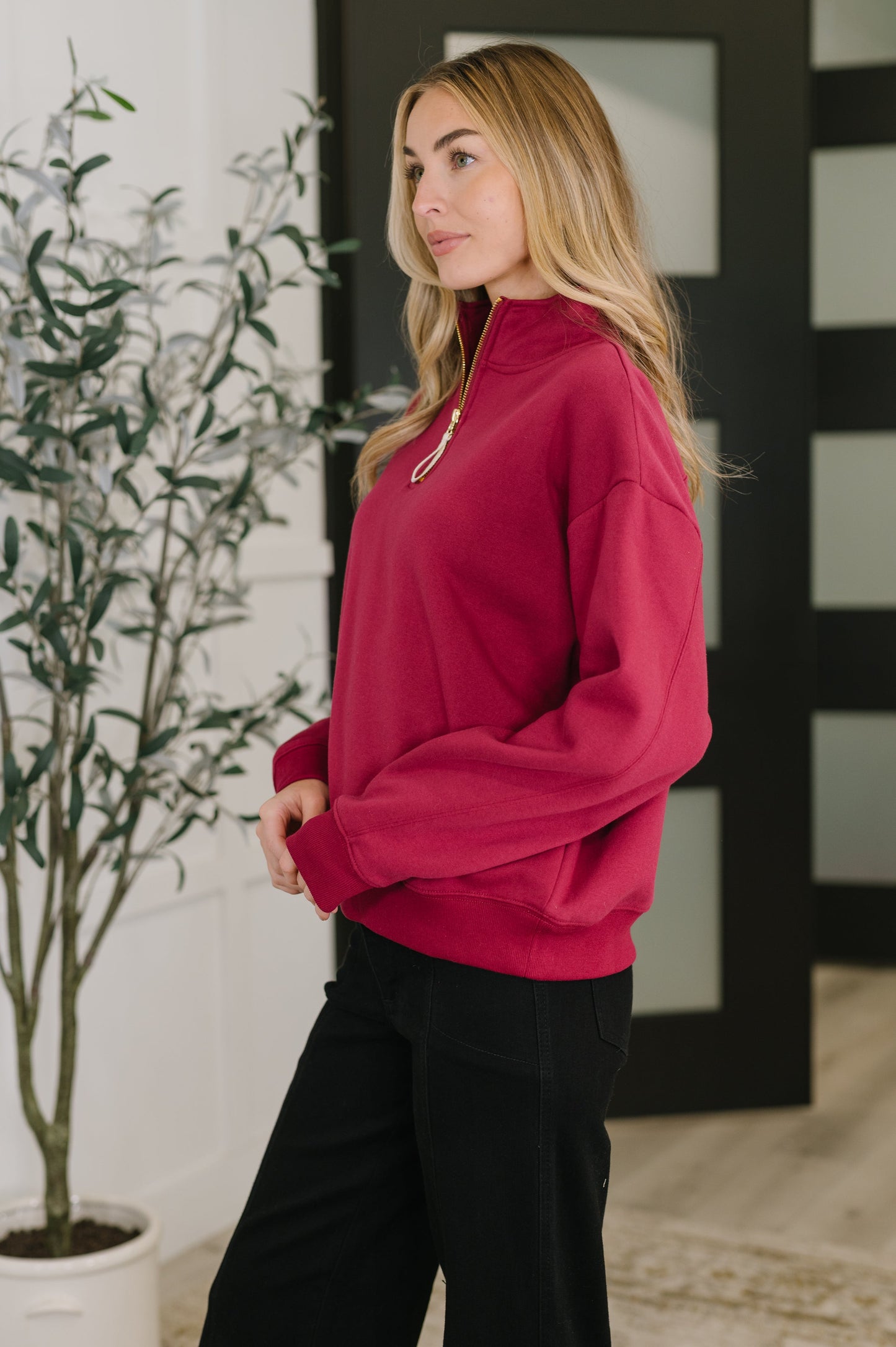 Zenana Half Zip High Neck Pullover in Cabernet
