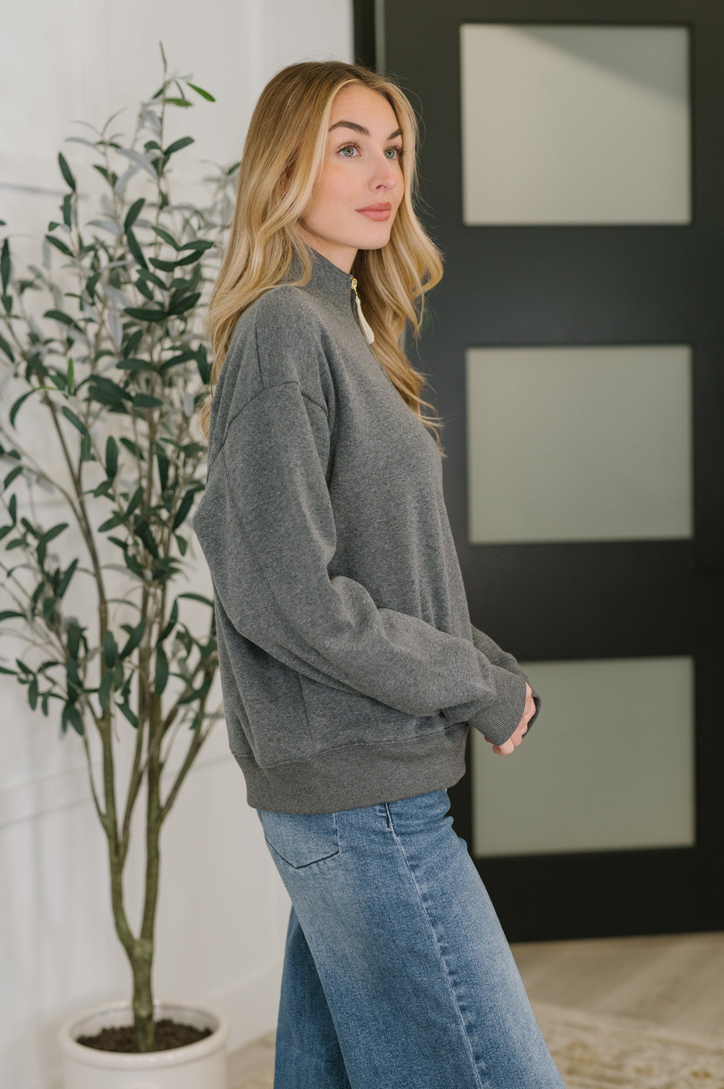 Zenana Half Zip High Neck Pullover in Charcoal