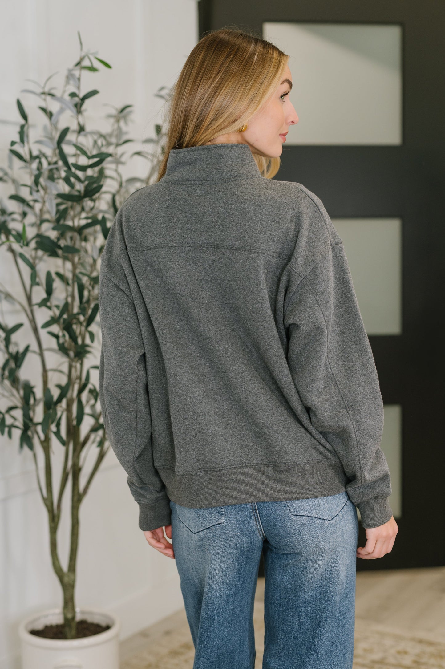 Zenana Half Zip High Neck Pullover in Charcoal