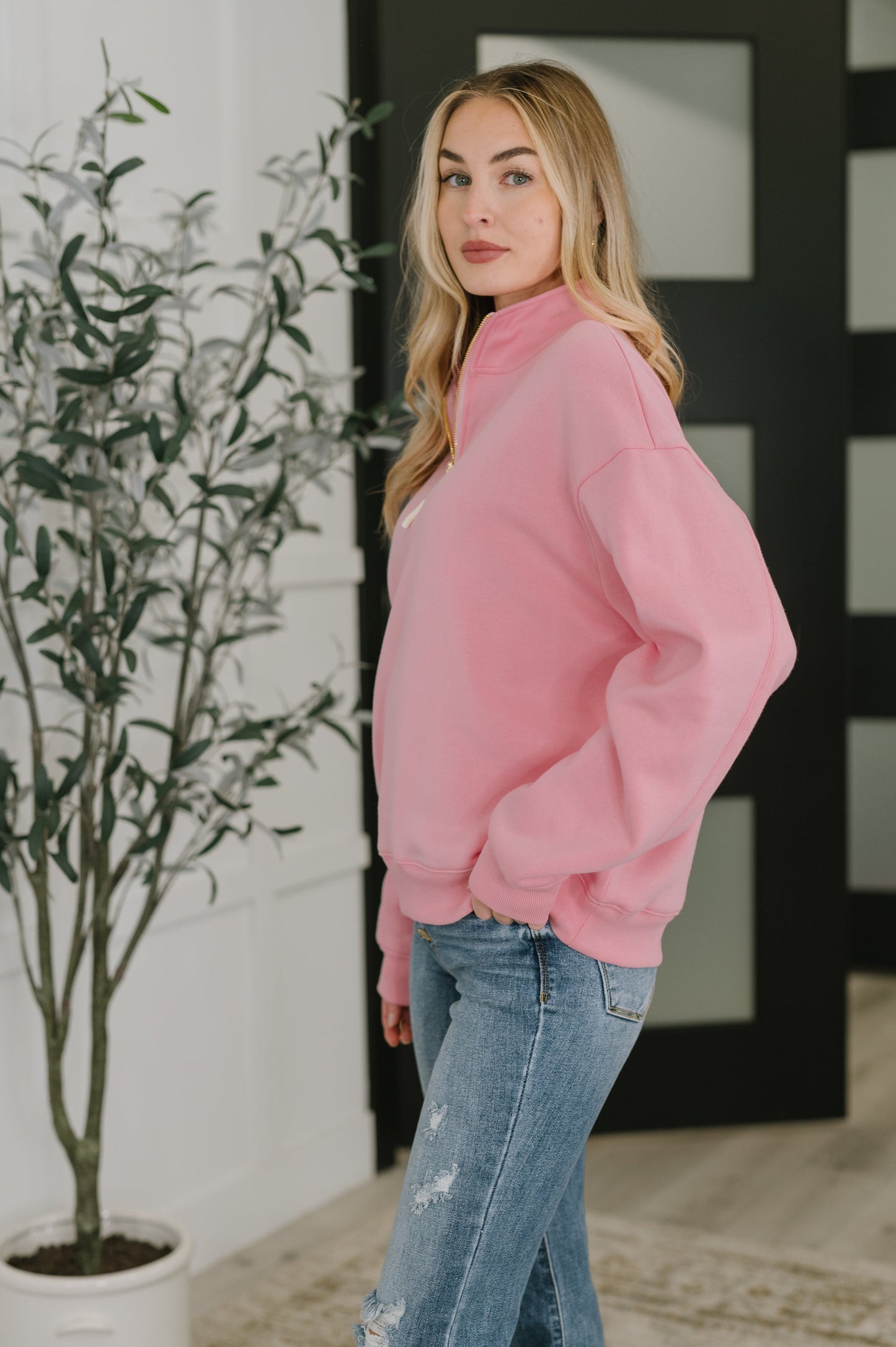 Zenana Half Zip High Neck Pullover in Dark Pink