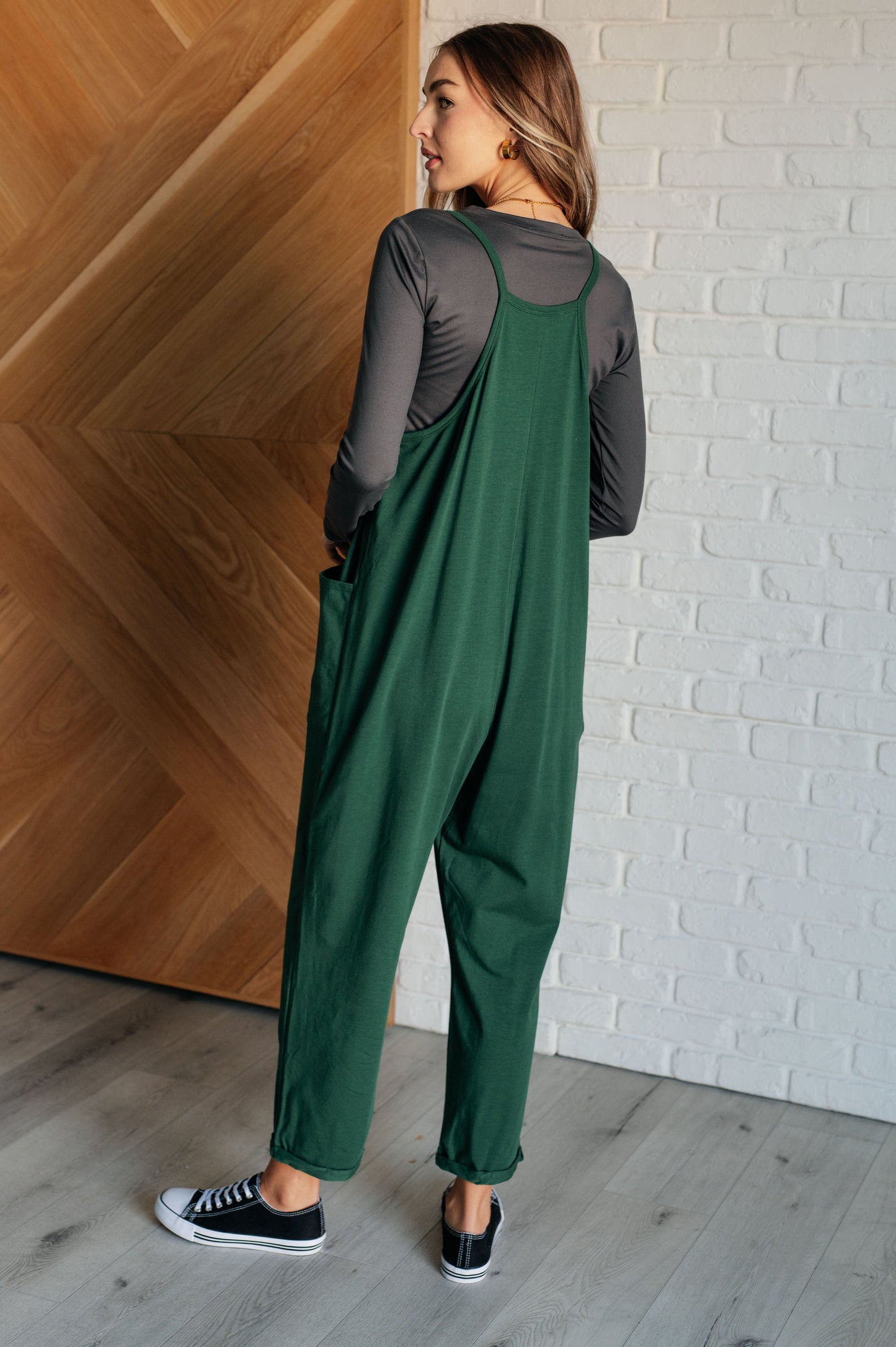 Zenana Totally Me Spaghetti Strap Jumpsuit in Dark Green