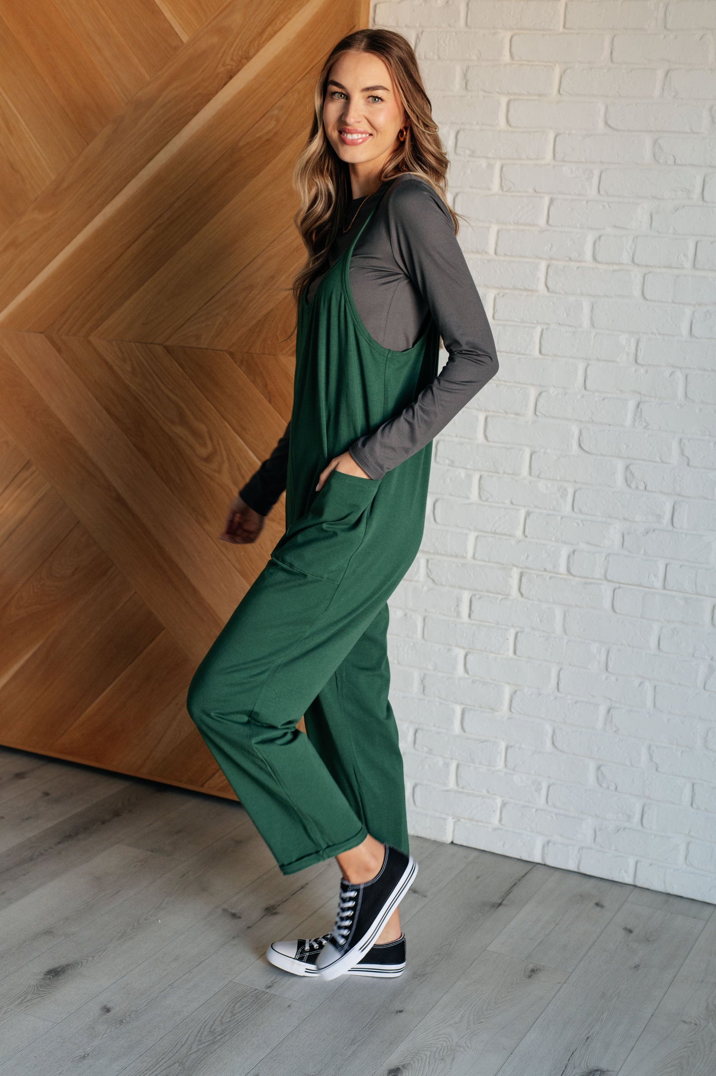 Zenana Totally Me Spaghetti Strap Jumpsuit in Dark Green