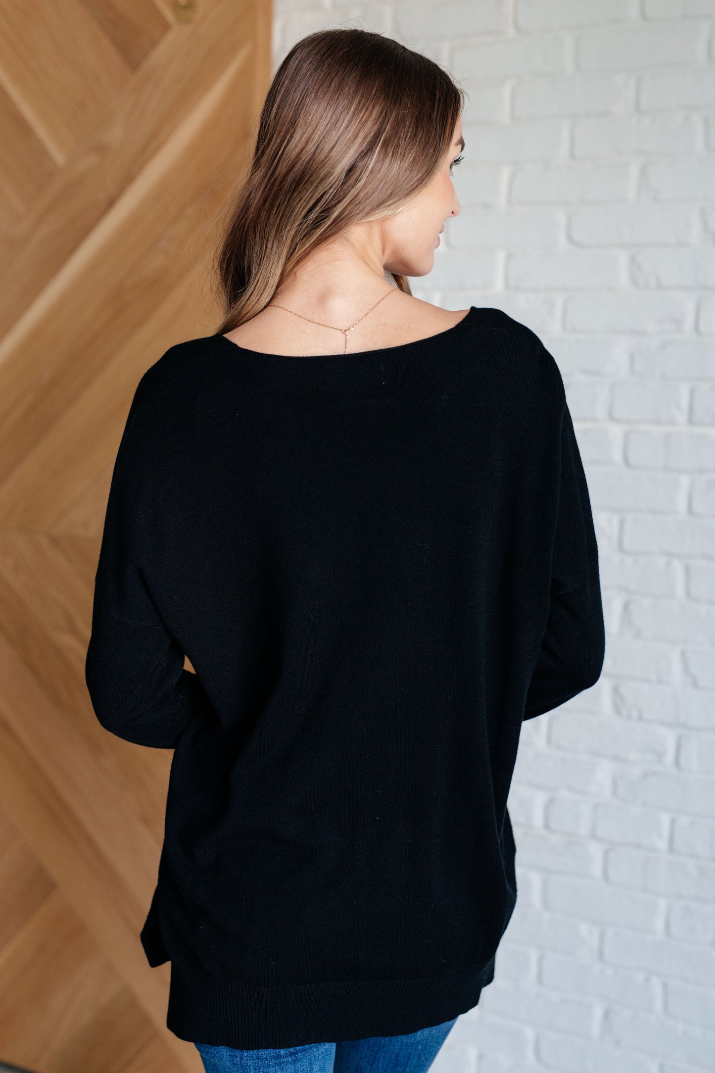 Zenana V-Neck Front Seam Sweater in Black