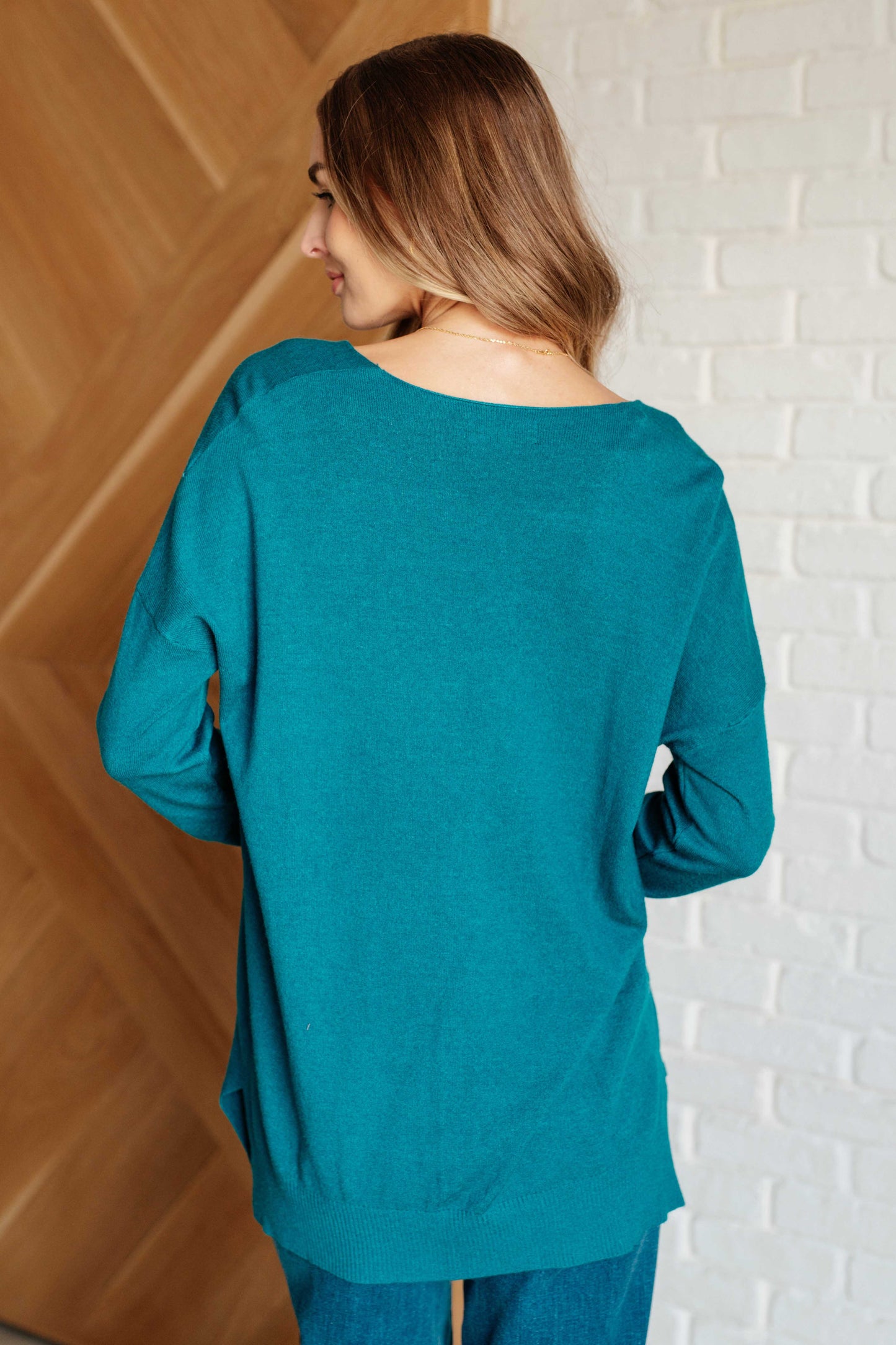 Zenana V-Neck Front Seam Sweater in Heather Ocean Teal