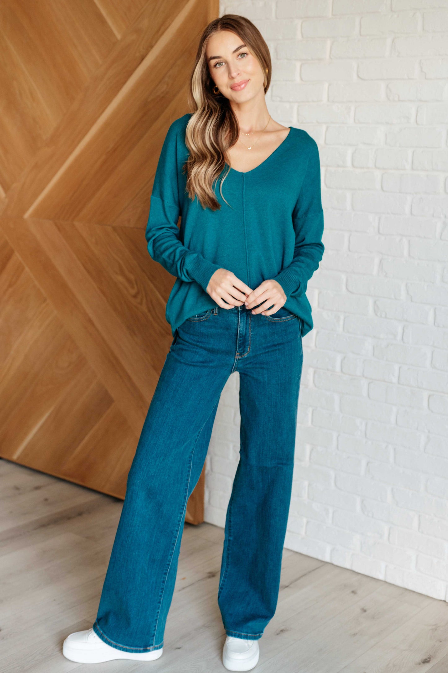 Zenana V-Neck Front Seam Sweater in Heather Ocean Teal