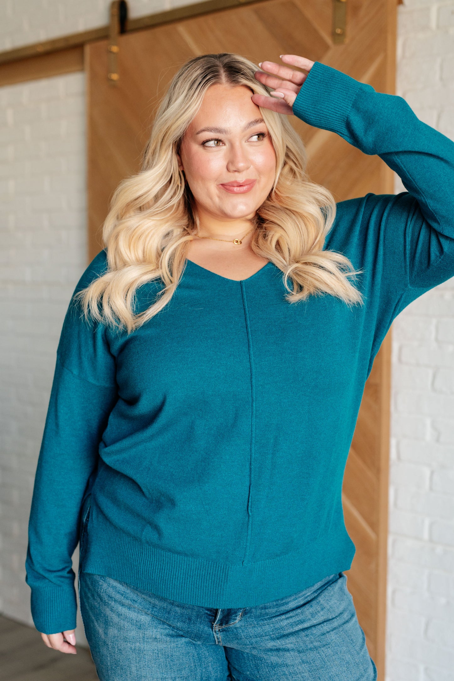 Zenana V-Neck Front Seam Sweater in Heather Ocean Teal