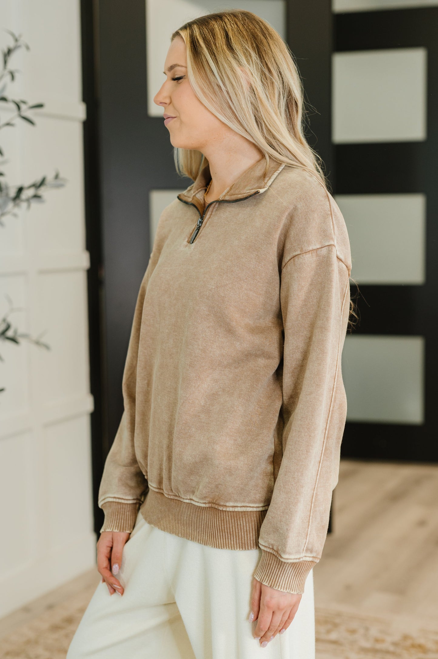 Zenana Half Zip Pullover in Deep Camel