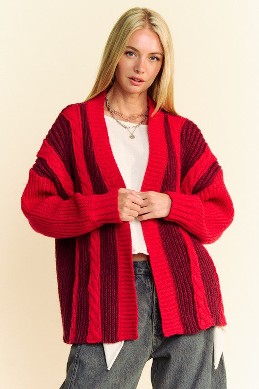 Burgunday Cable-Knit Color Block Open Front Cardigan