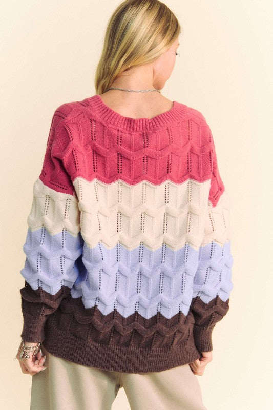 Mauve/Light Blue Wavy Texture Color Block V-Neck Sweater