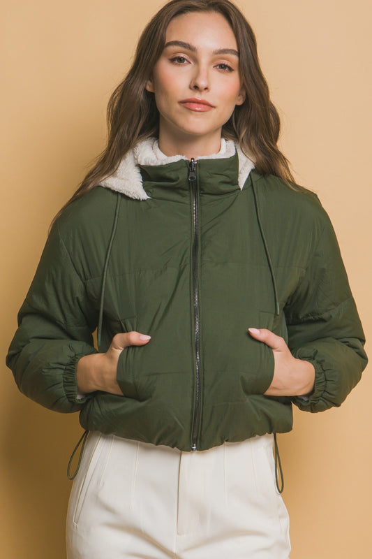 Hunter Zip Up Cropped Hooded Sherpa Reversible Jacket