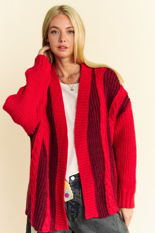 Burgunday Cable-Knit Color Block Open Front Cardigan