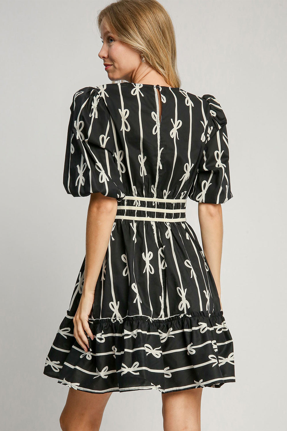 Umgee Ribbon Print Frill Contrast Velvet Trim Half Sleeve Dress