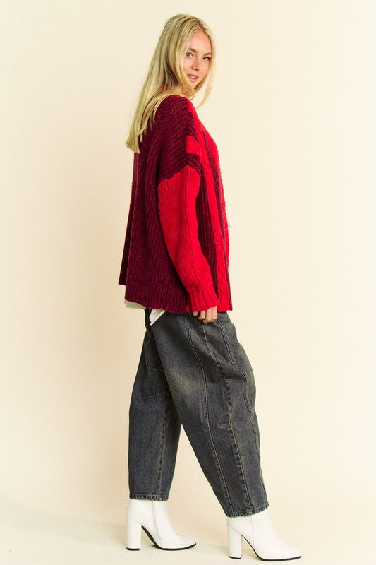 Burgunday Cable-Knit Color Block Open Front Cardigan