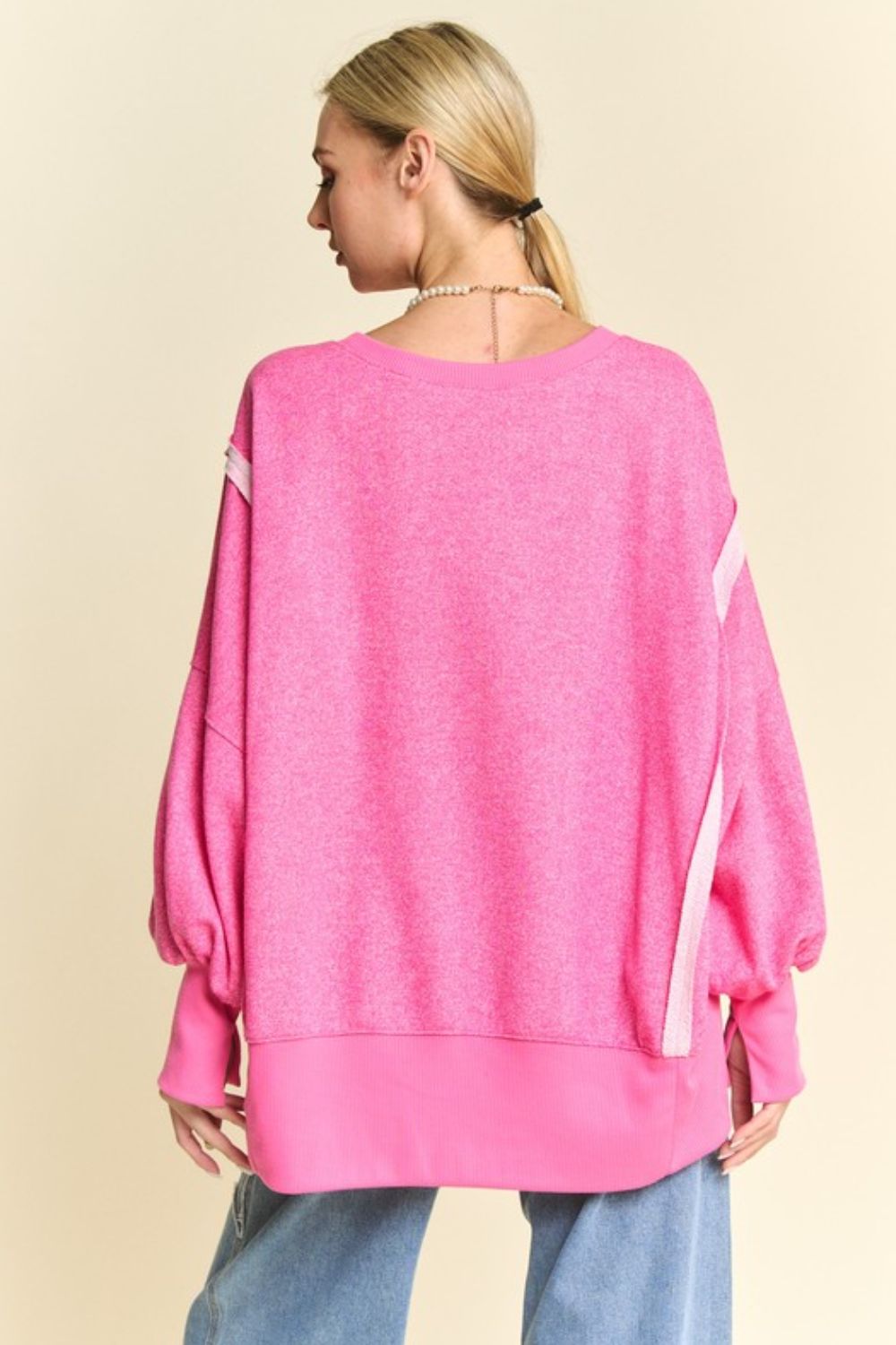 Pink Side Slit High-Low Lantern Sleeve Knit Top