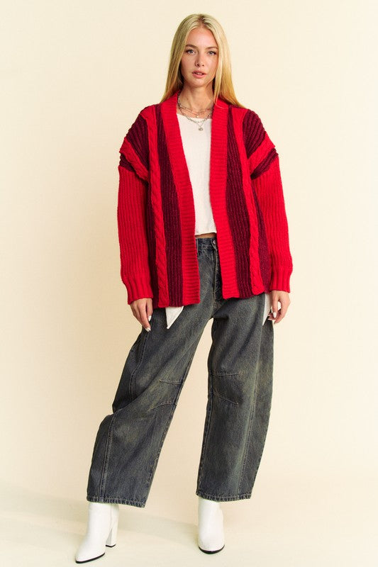 Burgunday Cable-Knit Color Block Open Front Cardigan