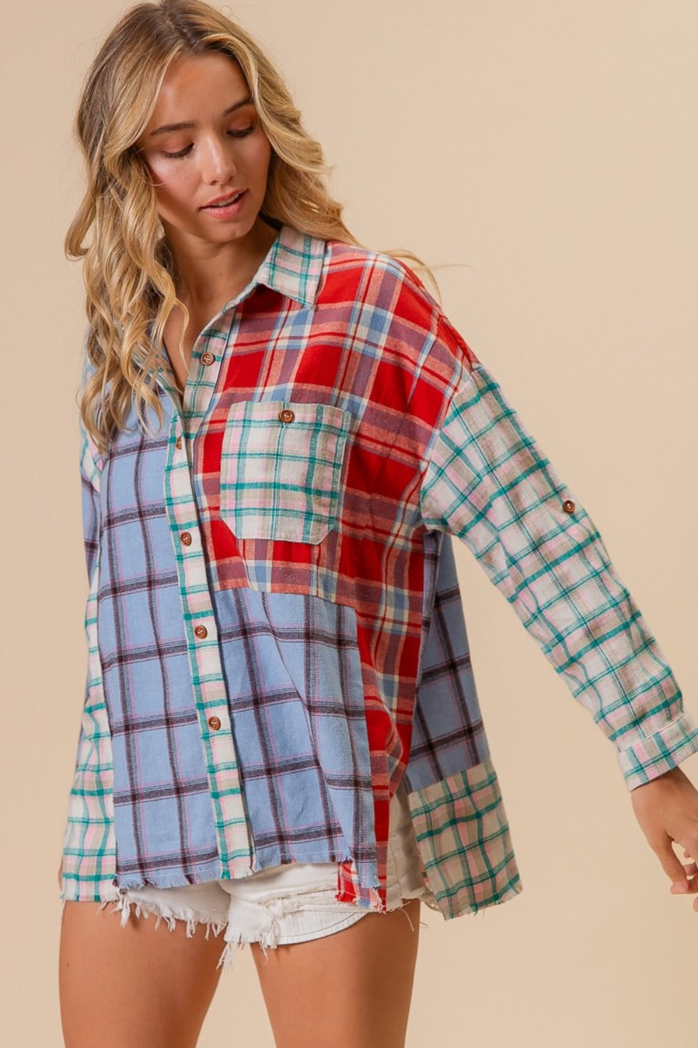 Color Block Plaid Button Down Shirt