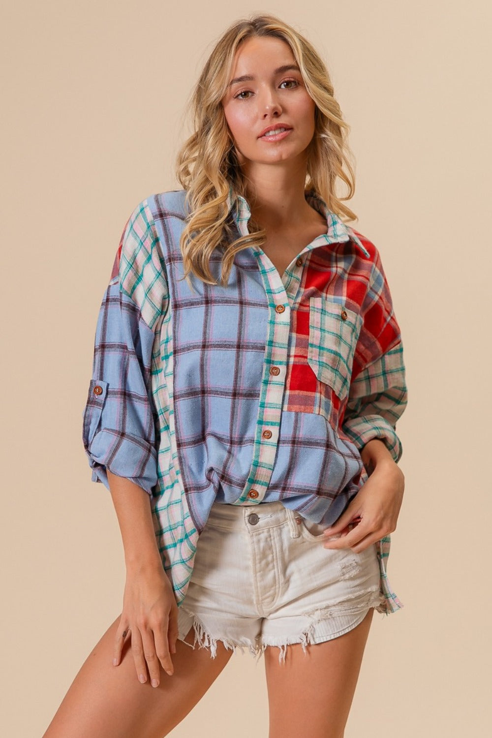 Color Block Plaid Button Down Shirt